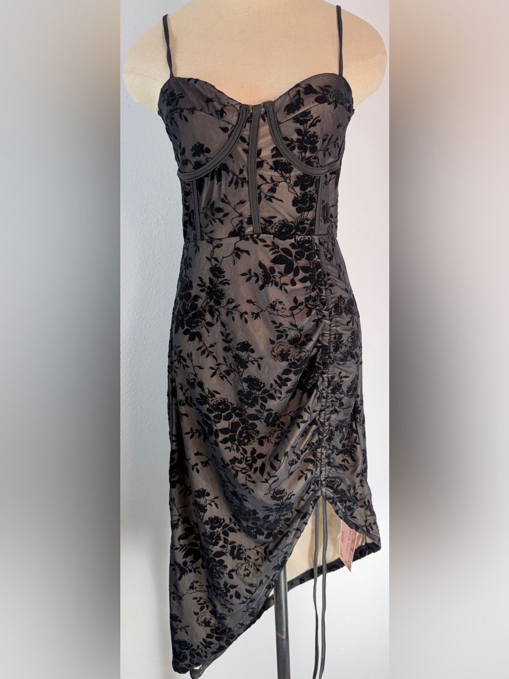 Vintage 90s Inspo Black Floral Velvet Asymmetric Midi Dress Mesh Overlay Fairy
